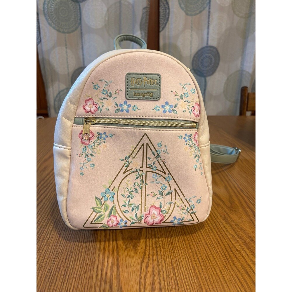 Loungefly Harry Potter Deathly Hallows Floral Mini Backpack Ivory And Sage Green